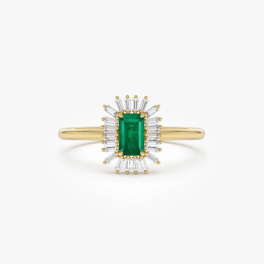 14K Gold Emerald Cut Octagon Emerald Baguette Diamond Halo Ring 0.47 CTW