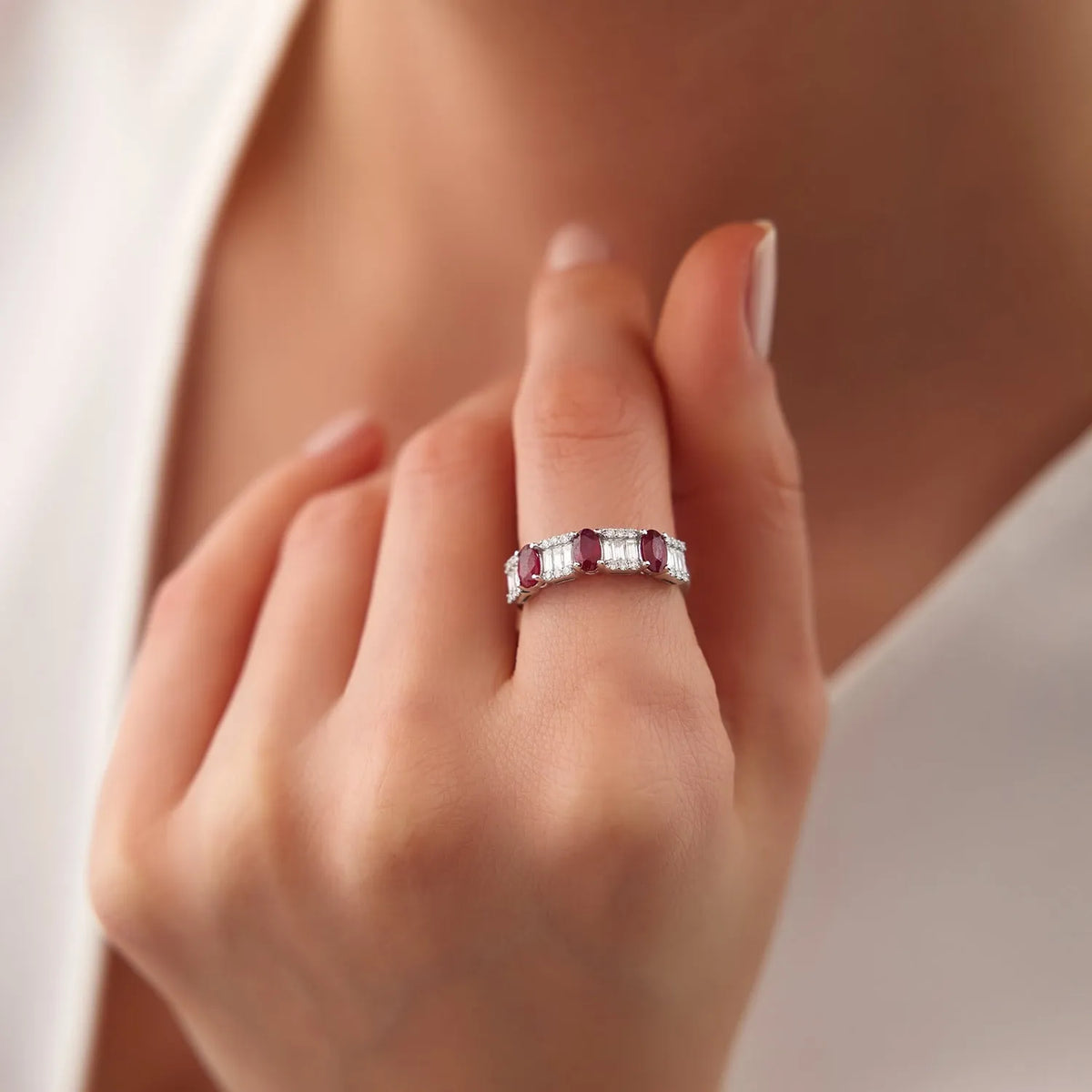 14k Gold Ruby and Diamond Baguette and Round Cut Ring
