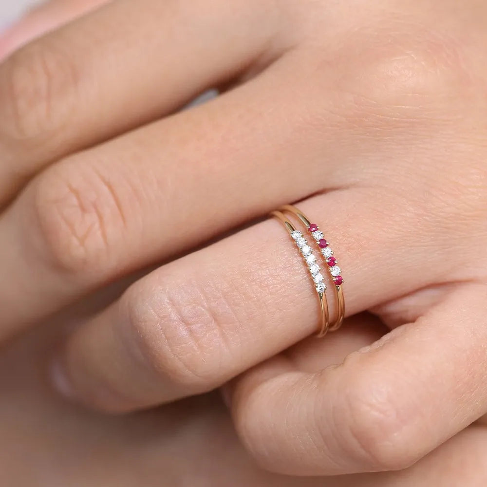 14k Gold Ruby and Diamond Round Cut Petite Ring 0.11 ctw