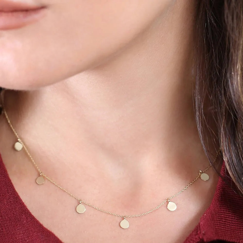 14k Solid Gold Round Coin Disc Choker Necklace with 9 Multi Discs