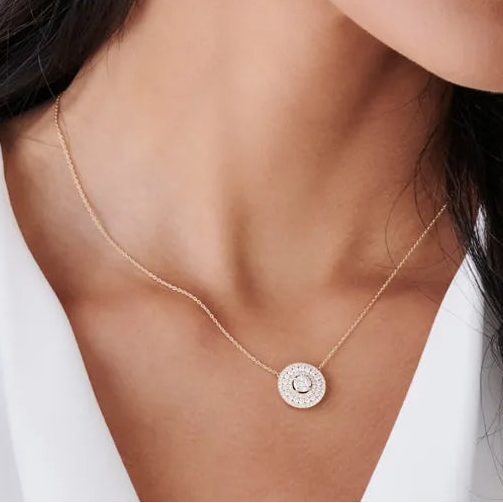 14K Solid Gold Round Marquise and Princess Cut Diamond Illusion Halo Pendant Necklace 0.84ctw