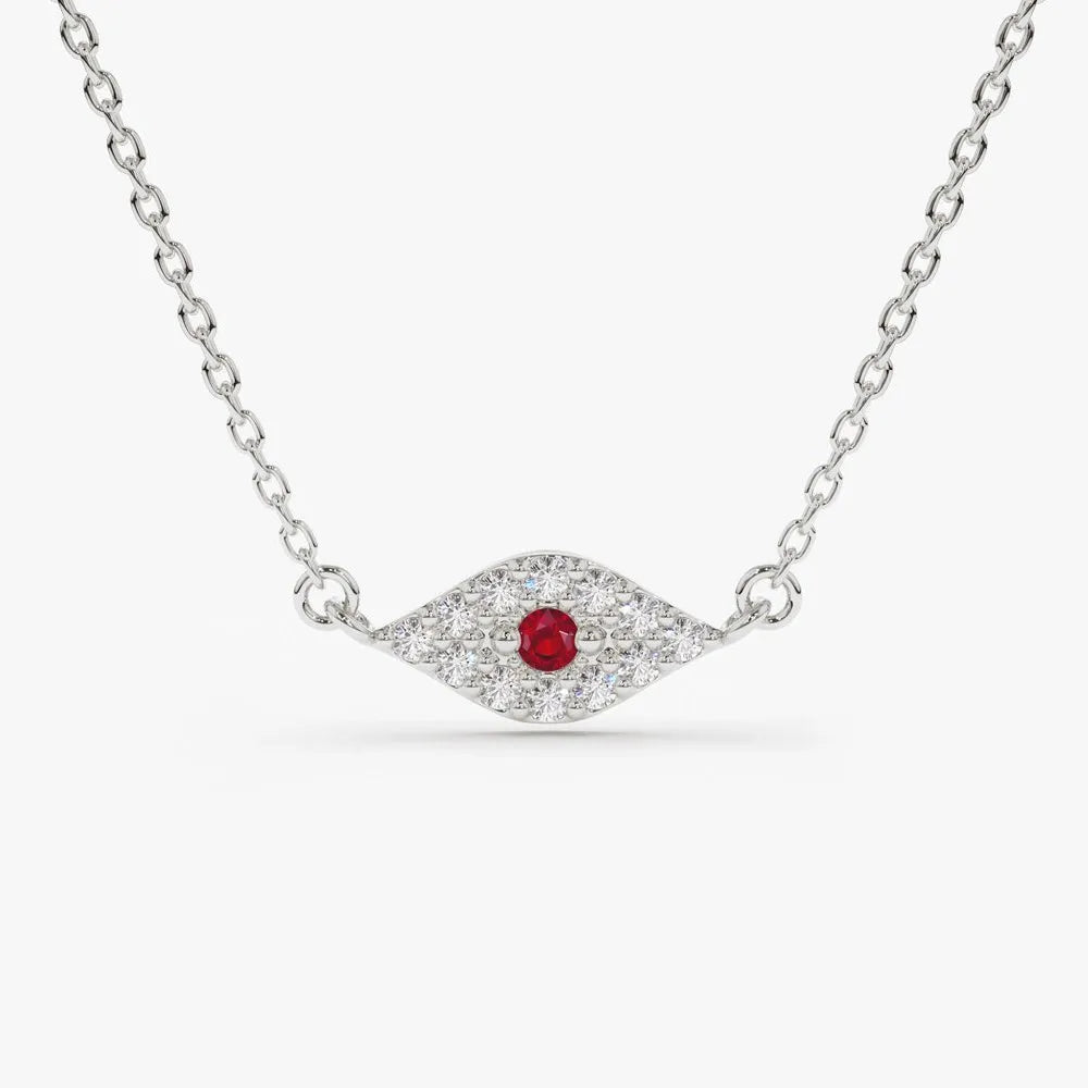 14k Solid Gold Ruby and Diamond Round Evil Eye Necklace 0.17 Carat Micro Pave Setting