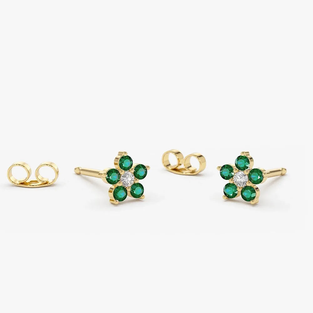 14K Solid Gold Round Emerald and Diamond Flower Stud Earrings 0.32ctw