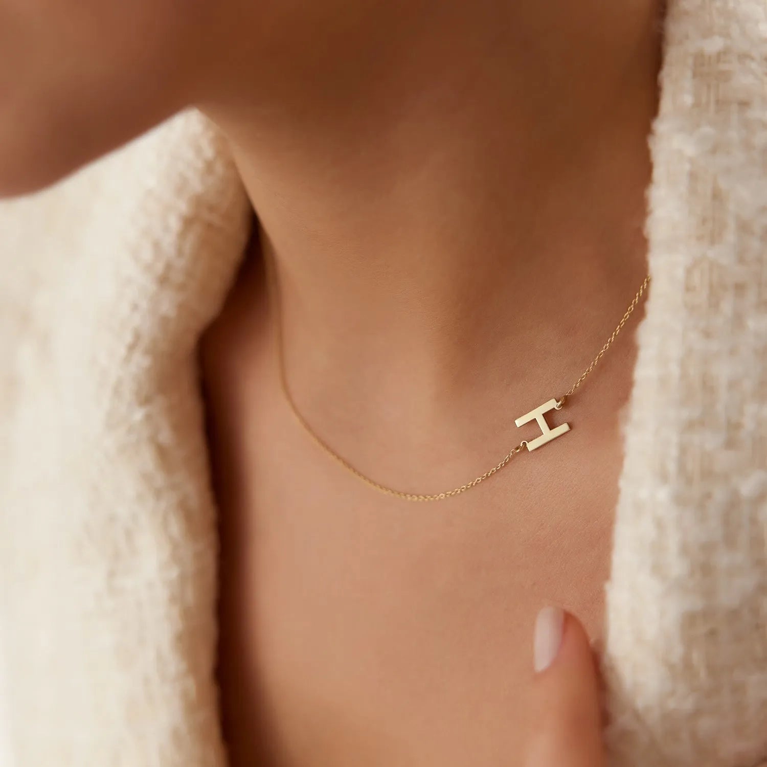 14k Solid Gold Sideways Off-Center Initial Letter Pendant Necklace Personalized