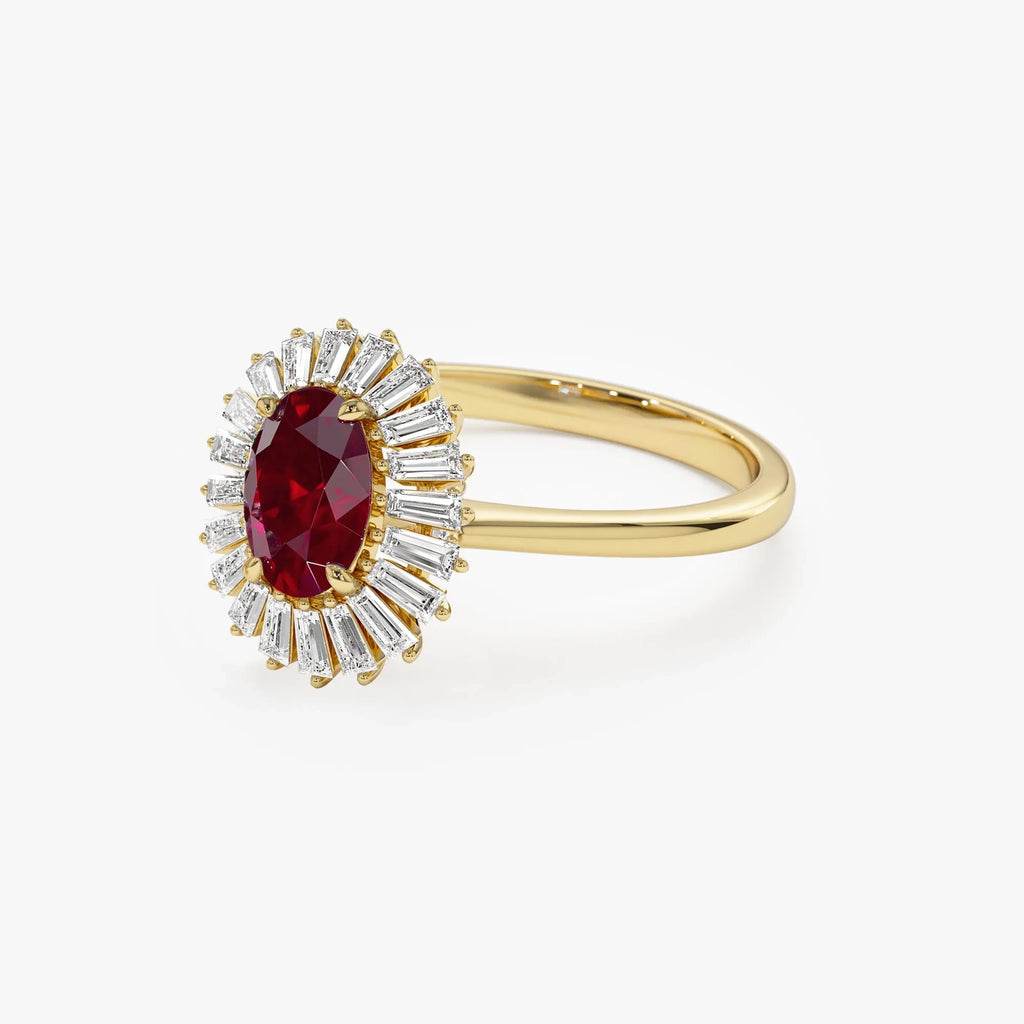 14k Gold Ruby and Diamond Oval and Baguette Cut Ballerina Ring 0.75 ctw