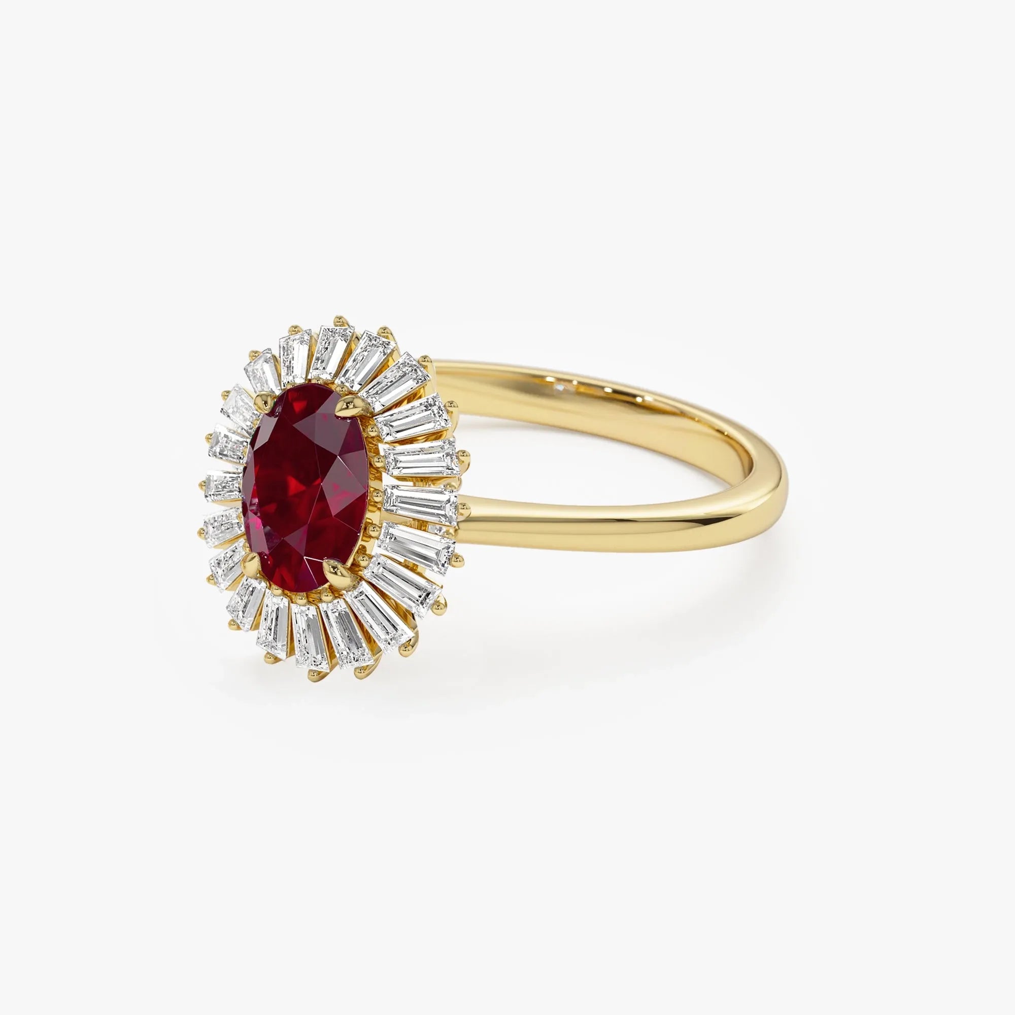 14k Gold Ruby and Diamond Oval and Baguette Cut Ballerina Ring 0.75 ctw