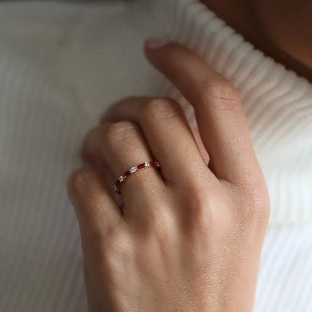 14k Gold Ruby and Diamond Baguette and Round Cut Stackable Wedding Ring Bar Channel Setting 0.63 ctw