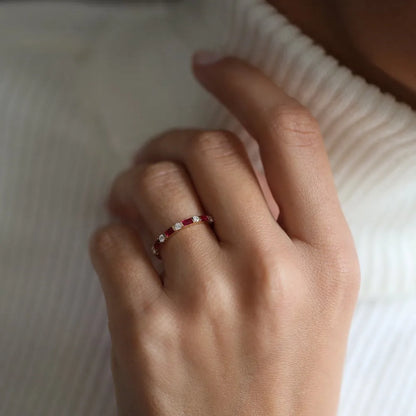 14k Gold Ruby and Diamond Baguette and Round Cut Stackable Wedding Ring Bar Channel Setting 0.63 ctw
