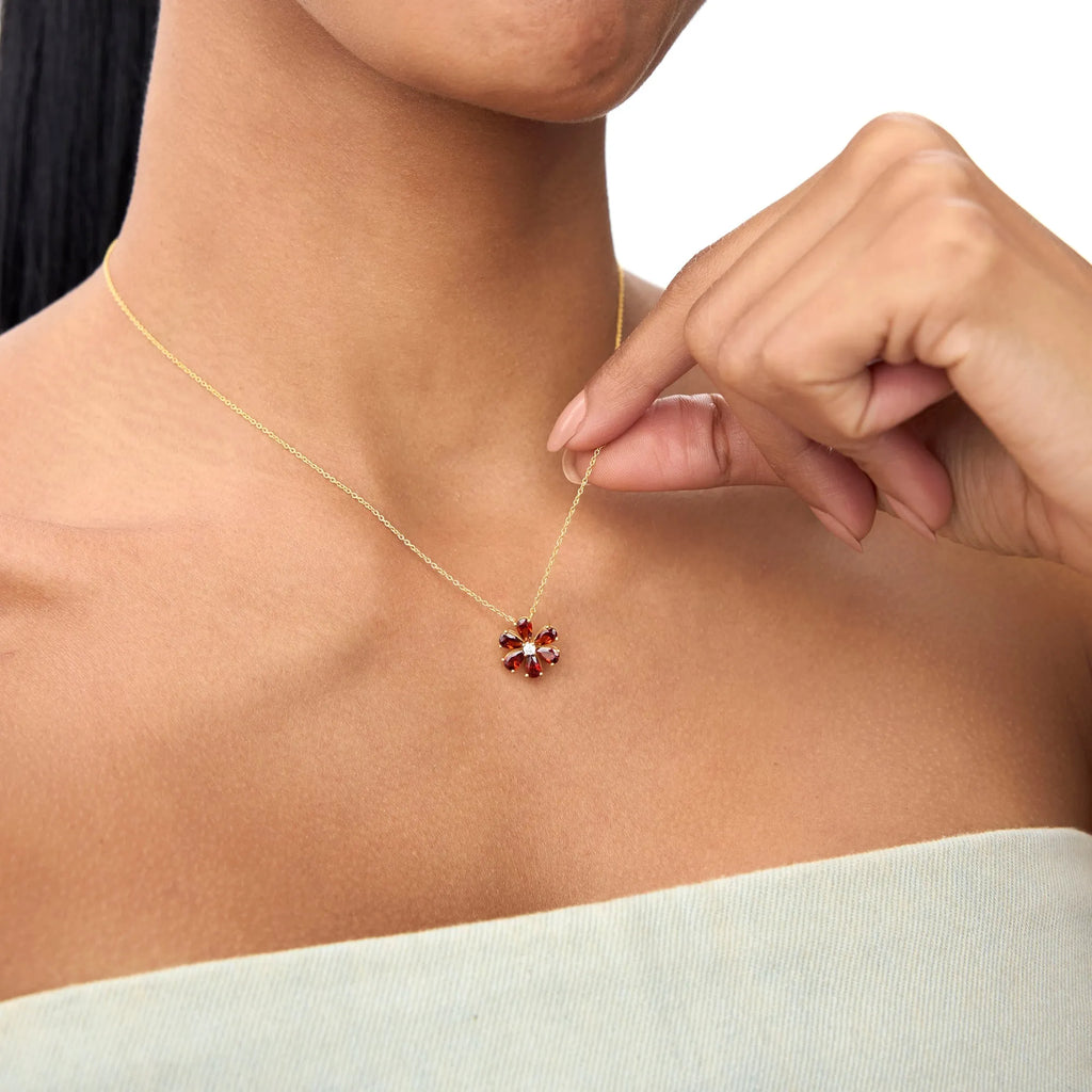 14k Solid Gold Garnet and Diamond Pear and Round Flower Necklace 1.80 Carat