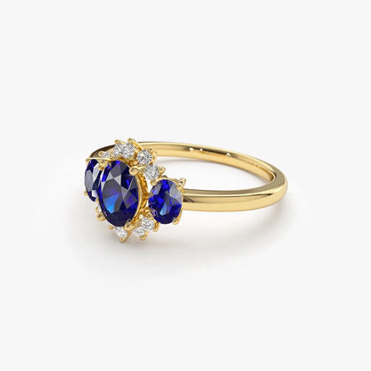 14k Gold Sapphire and Diamond Oval Cut Three Stone Cluster Ring 1.41 ctw