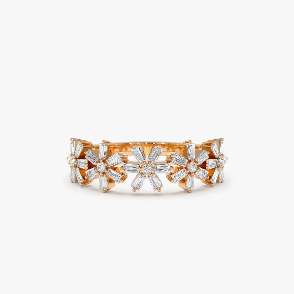 14K Gold 0.49 Carat Round and Baguette Diamond Multi Flower Design Ring