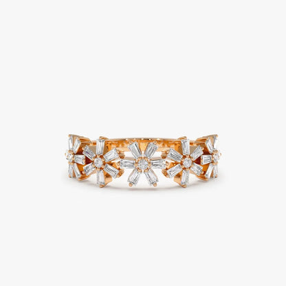 14K Gold 0.49 Carat Round and Baguette Diamond Multi Flower Design Ring