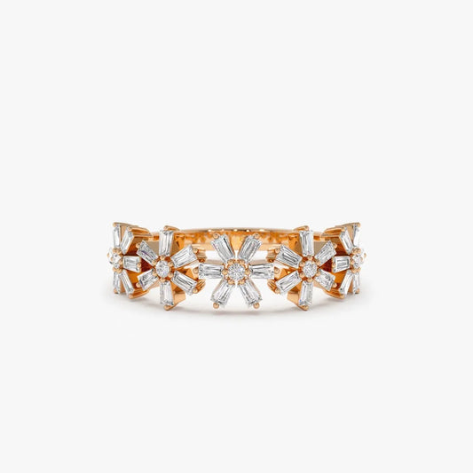 14K Gold 0.49 Carat Round and Baguette Diamond Multi Flower Design Ring