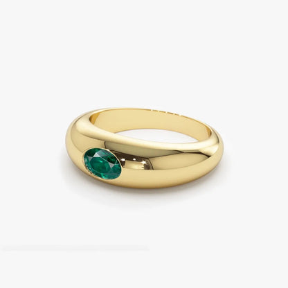 14K Solid Gold Oval Emerald Flush Set Dome Ring 0.49 CTW Handcrafted Jewelry