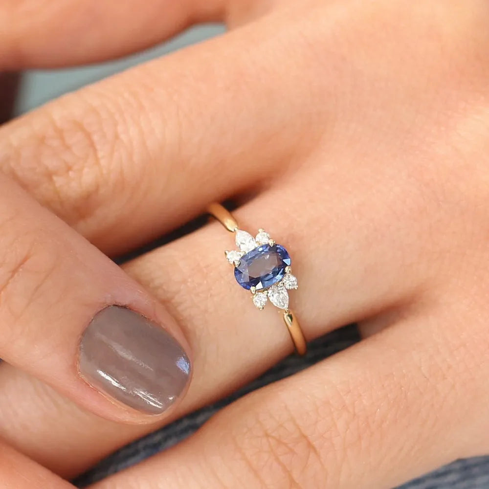 14k Gold Sapphire and Diamond Oval Pear and Round Cut Ring 1.00 ctw