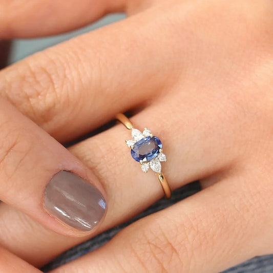 14k Gold Sapphire and Diamond Oval Pear and Round Cut Ring 1.00 ctw