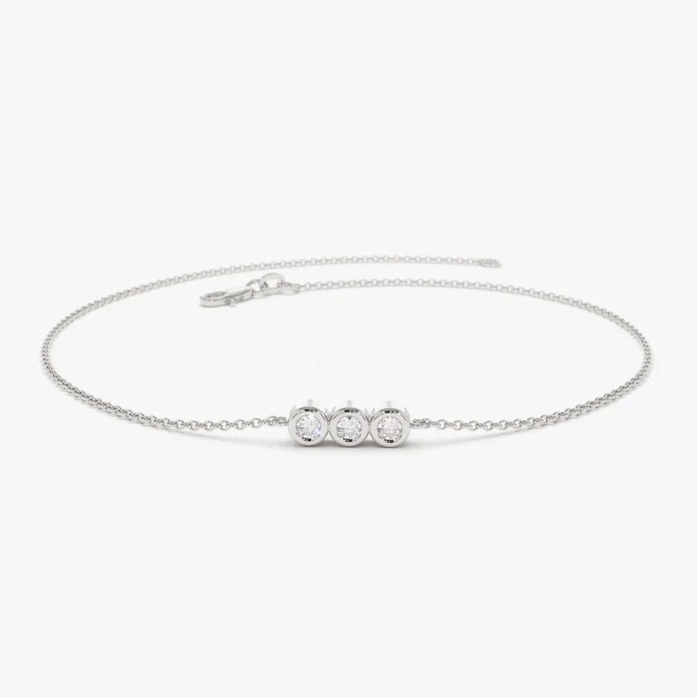14K Solid Gold Lab Grown Diamond Round Trio Bezel Station Chain Bracelet 0.10 Carat