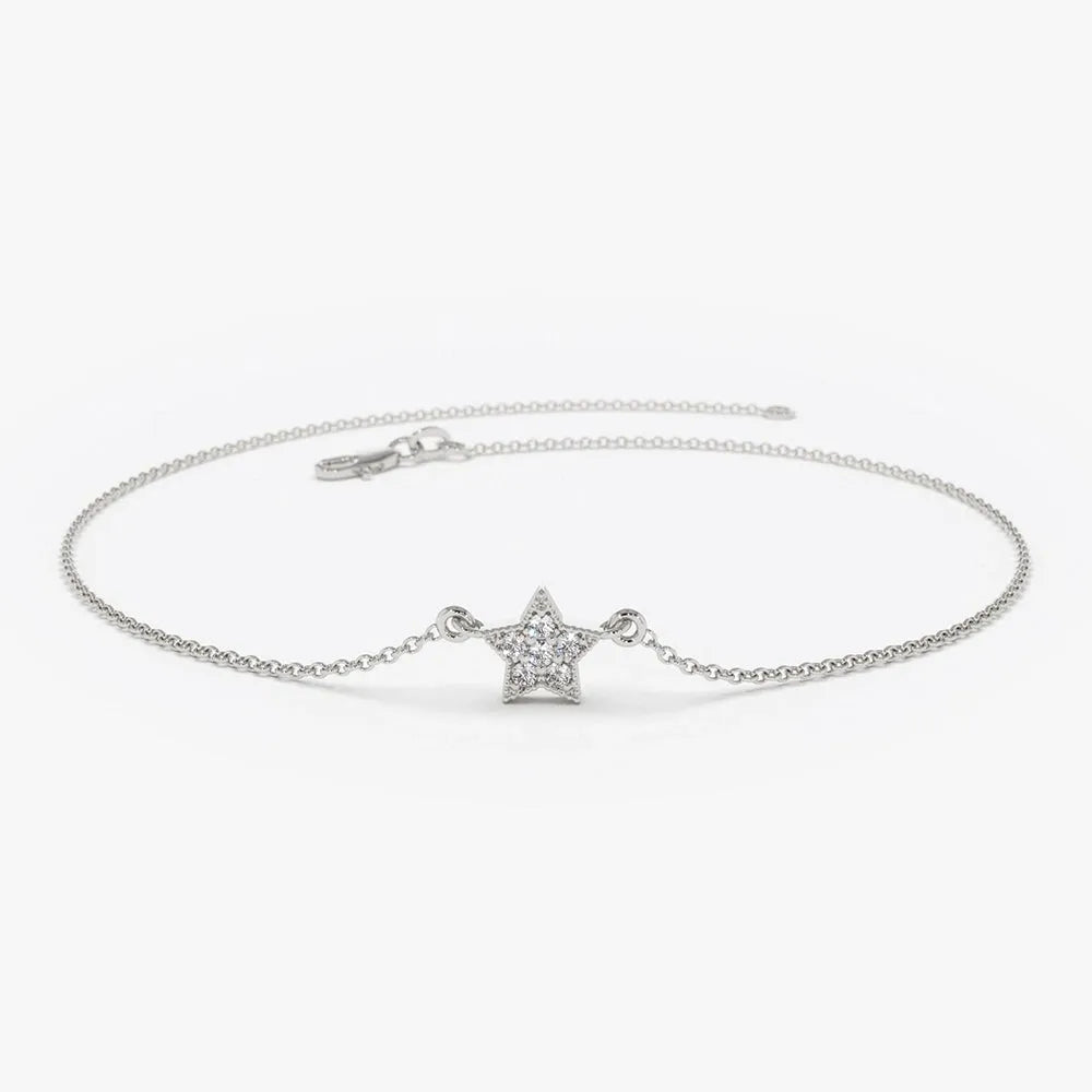 14K Solid Gold Round Diamond Star Charm Bracelet Micro Pave 0.06 Carat
