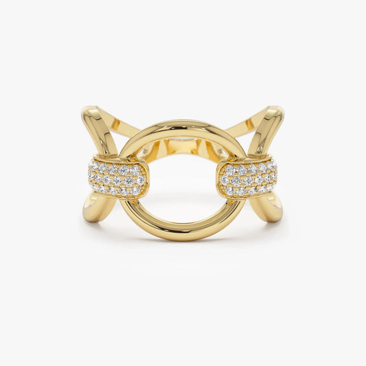 14K Solid Gold Round Diamond 0.23 Carat Horsebit Pave Setting Ring