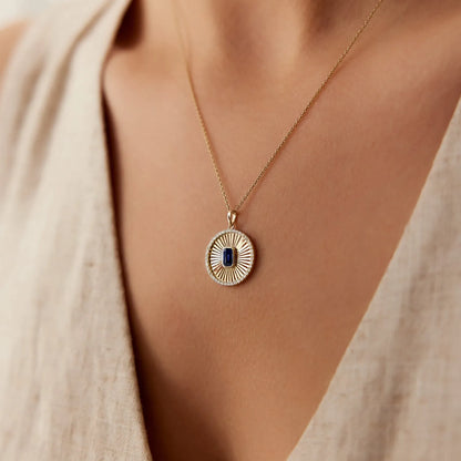 14k Solid Gold Sapphire and Diamond Emerald Cut Medallion Disc Necklace 0.65 Carat
