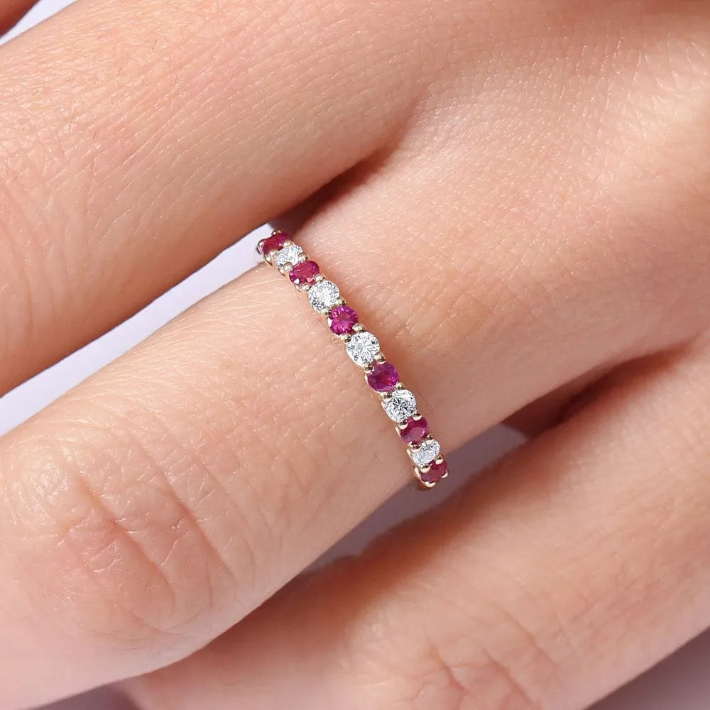 14k Gold Ruby and Diamond Round Cut Shared Prong Wedding Ring Band 0.43 ctw