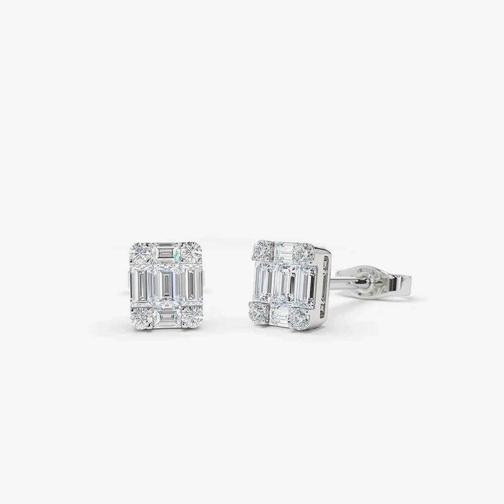 14k Gold Diamond Illusion Baguette Cut Mini Stud Earrings 0.20 ctw