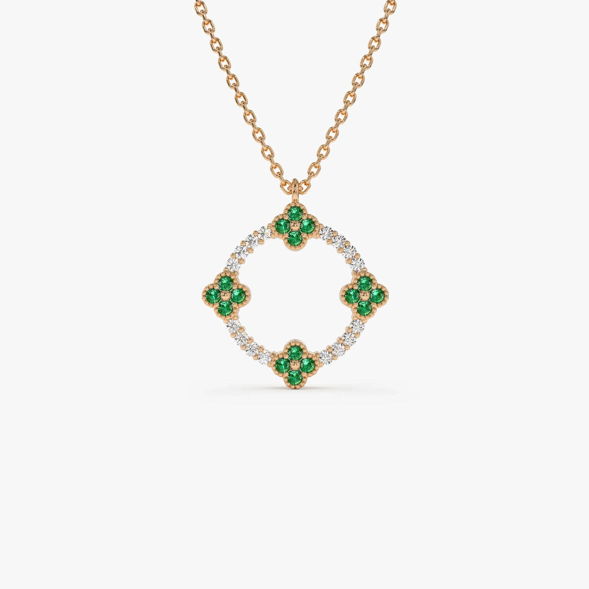 14k Solid Gold Round Diamond 0.12 CTW and Emerald 0.18 CTW Clover Pendant Necklace
