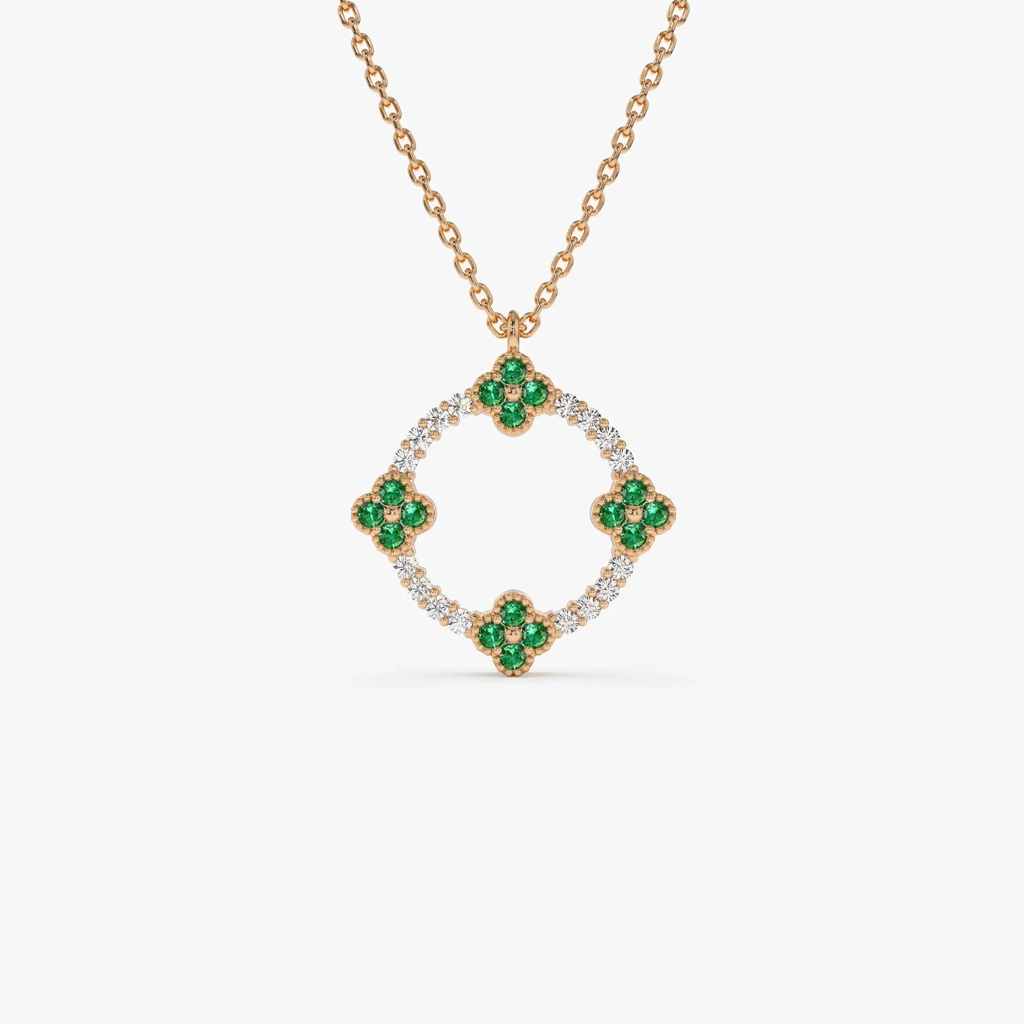 14k Solid Gold Round Diamond 0.12 CTW and Emerald 0.18 CTW Clover Pendant Necklace