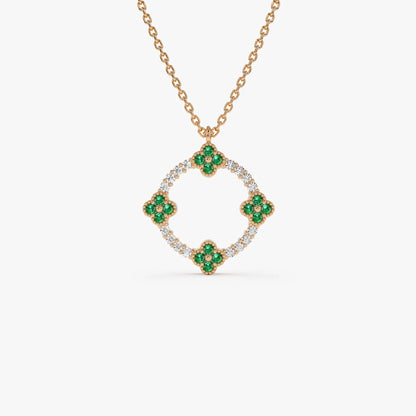 14k Solid Gold Round Diamond 0.12 CTW and Emerald 0.18 CTW Clover Pendant Necklace