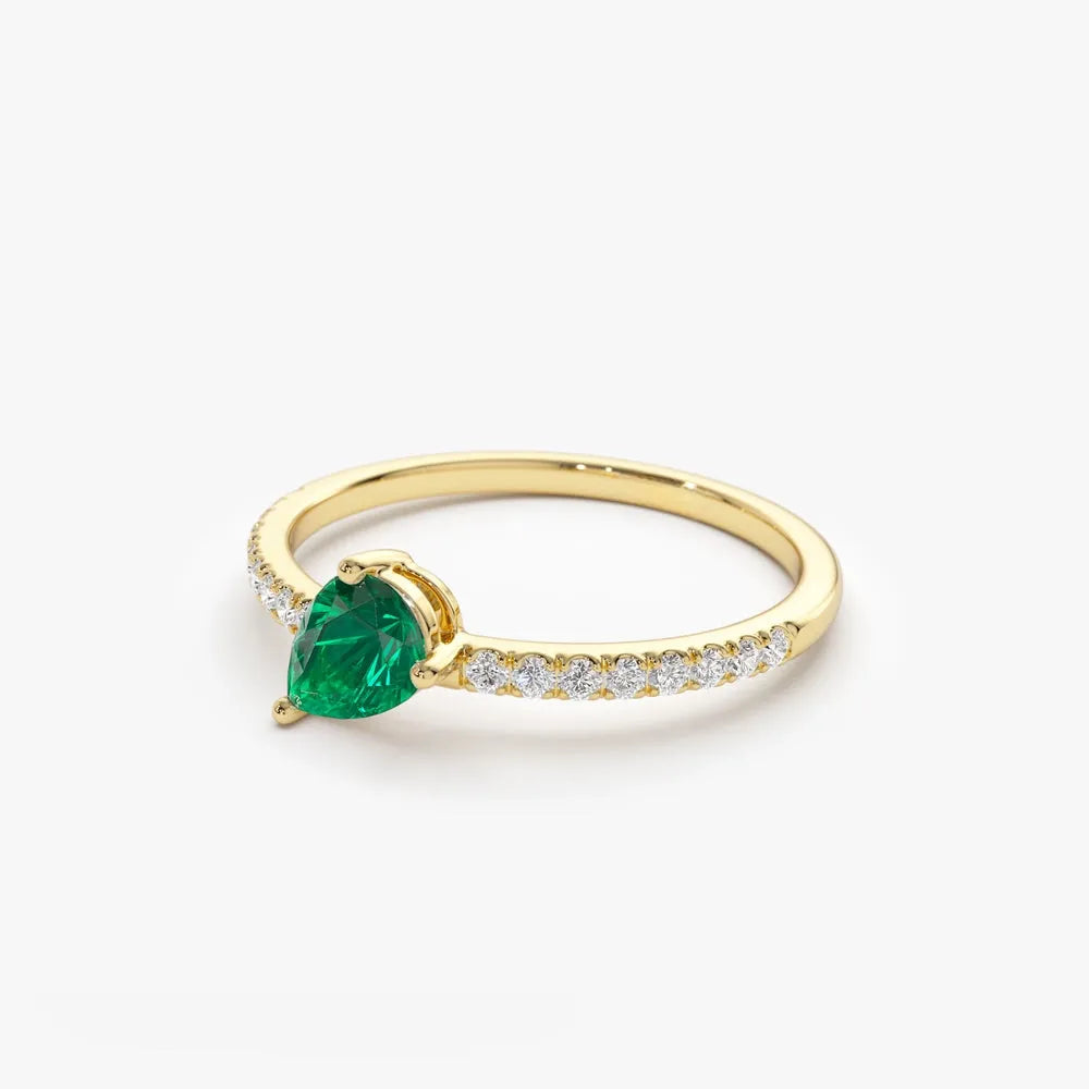 14K Solid Gold Slanted Pear Emerald and Round Diamond Pave Ring 0.50 CTW Handcrafted Jewelry