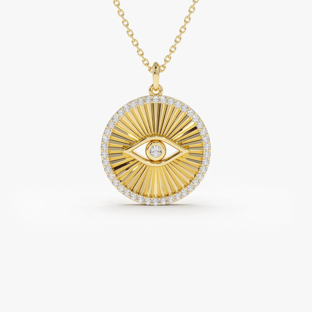 14K Solid Gold Round Diamond Evil Eye Medallion Disc Necklace 0.29ctw