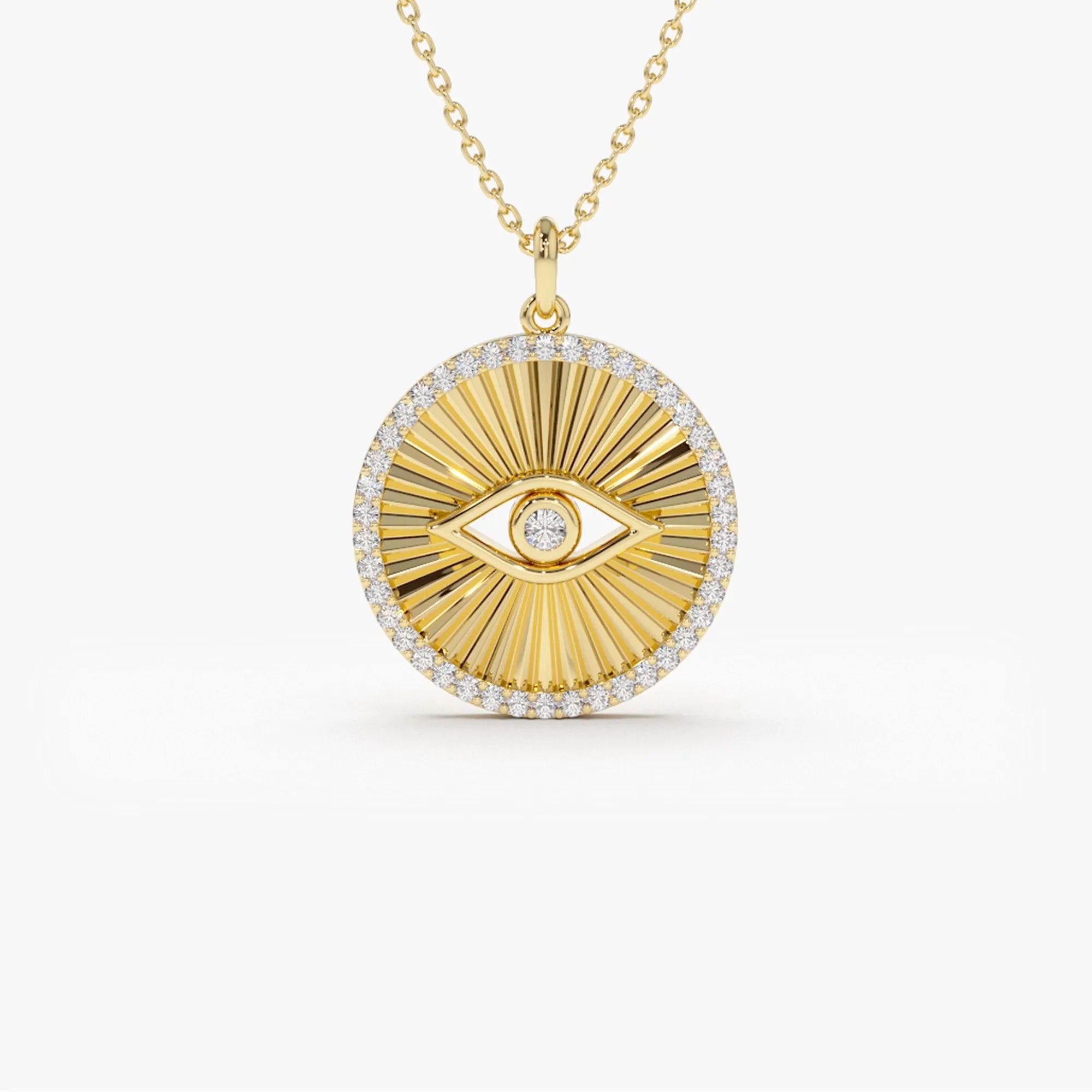 14K Solid Gold Round Diamond Evil Eye Medallion Disc Necklace 0.29ctw