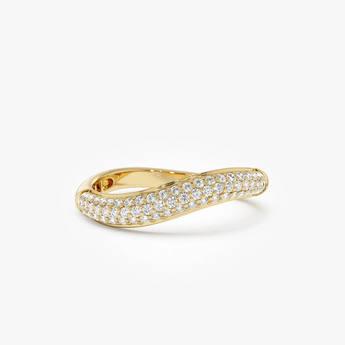 14K Solid Gold Round Diamond 0.40 Carat Three Row Pave Wave Ring