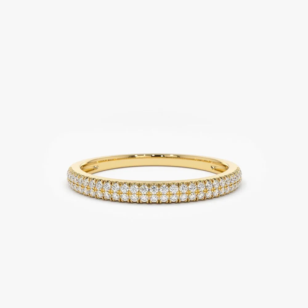 14K Gold Round Diamond Double Row Micro Pave Ring
