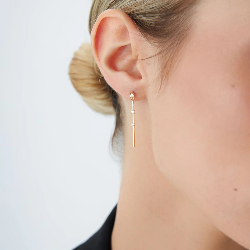 14k Gold Diamond Round Cut Linear Bar Triple Drop Earrings 0.28 ctw