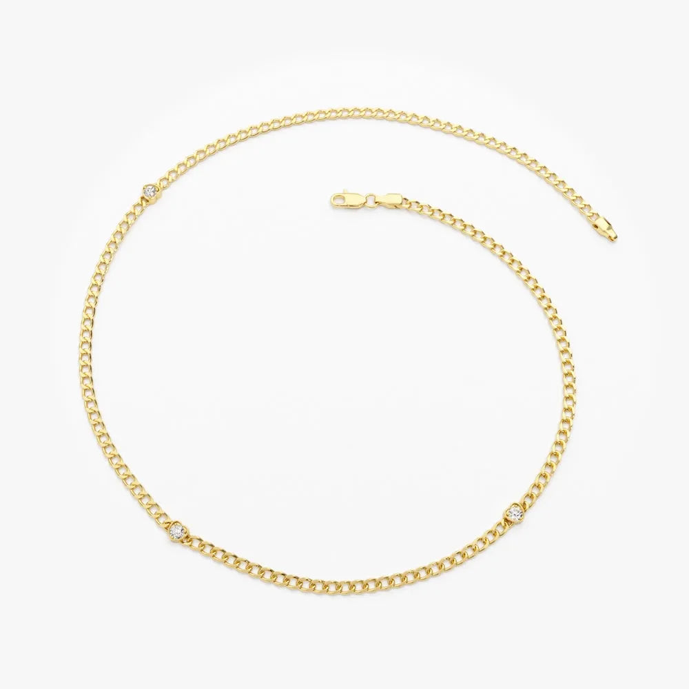 14K Solid Gold Round Diamond Heart Bezel Cuban Curb Link Bracelet 0.17 Carat