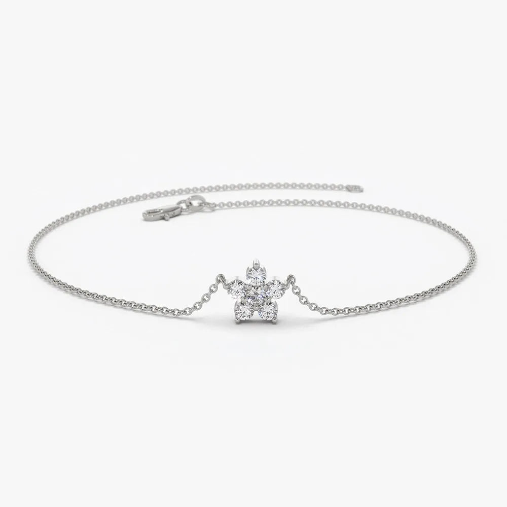 14K Solid Gold 0.18 CTW Round Diamond Flower Charm Prong Set Bracelet