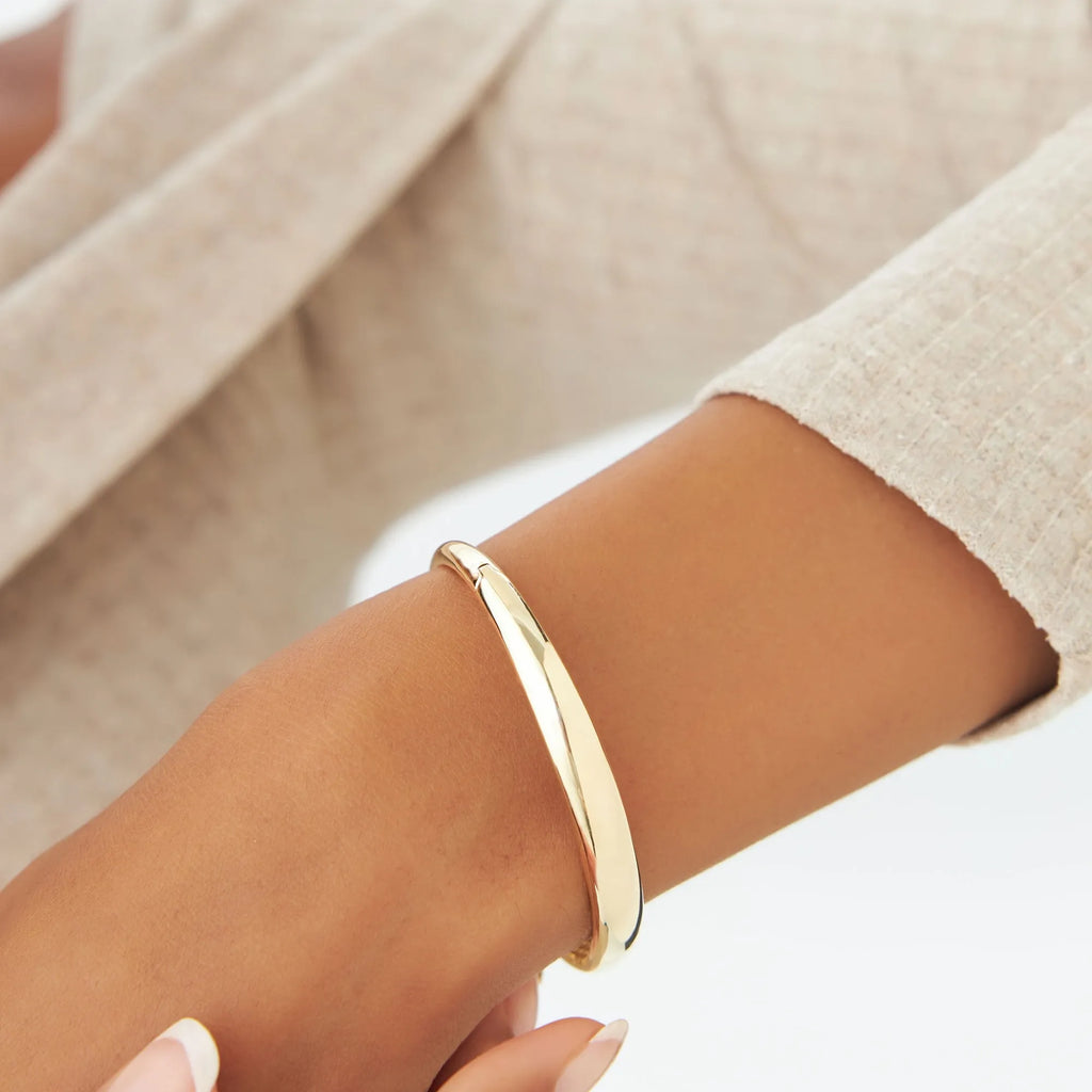 14K Solid Gold Wide Classic Dome Bangle Bracelet