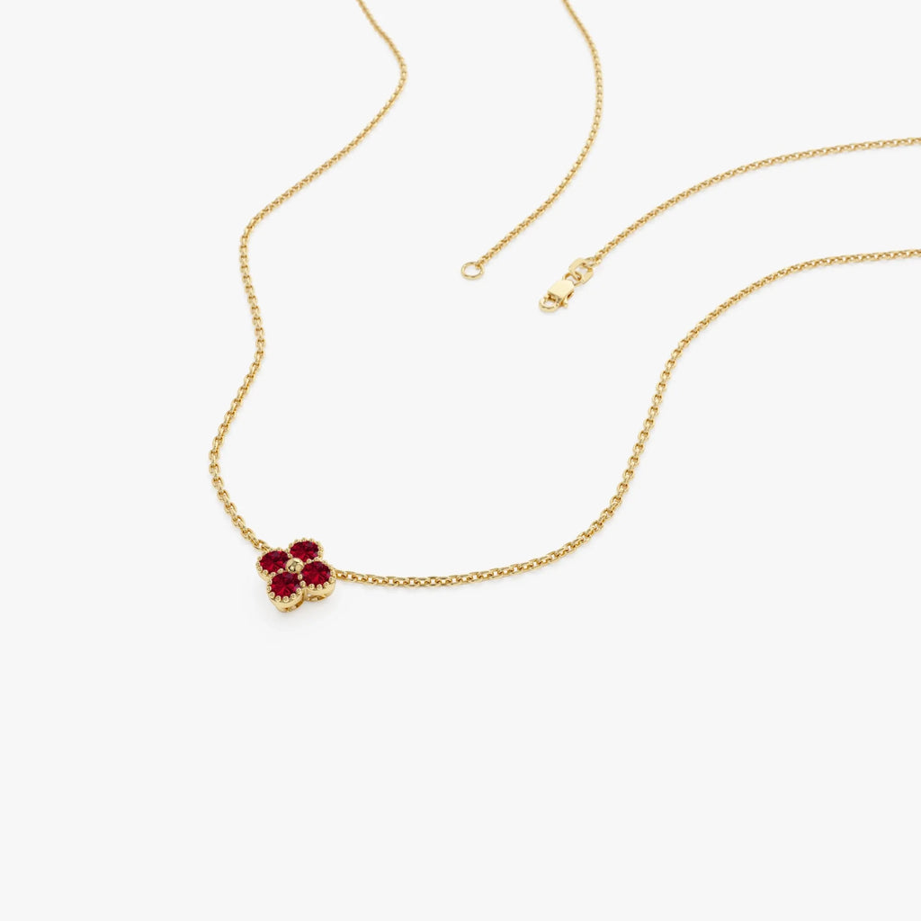 14k Solid Gold Round Ruby Clover Beaded Necklace 0.17 Carat Prong Setting