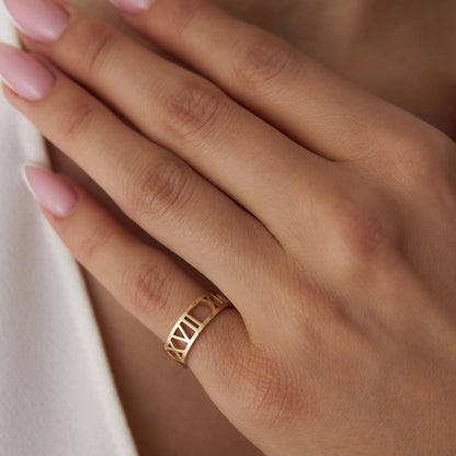 14K Solid Gold Personalized Roman Numeral Ring Custom Jewelry