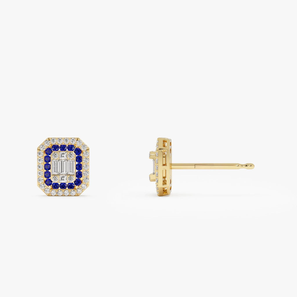 14k Solid Gold Round Sapphire and Baguette Diamond Halo Stud Earrings 0.70 ctw