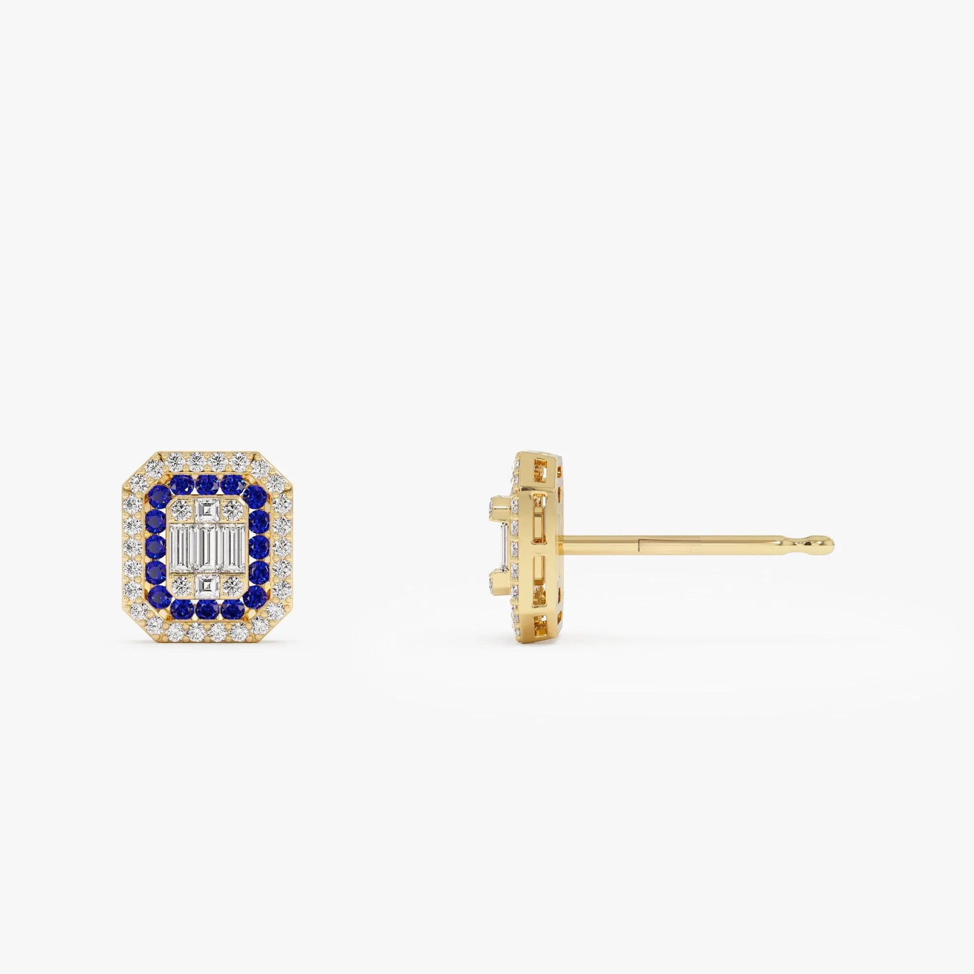 14k Solid Gold Round Sapphire and Baguette Diamond Halo Stud Earrings 0.70 ctw
