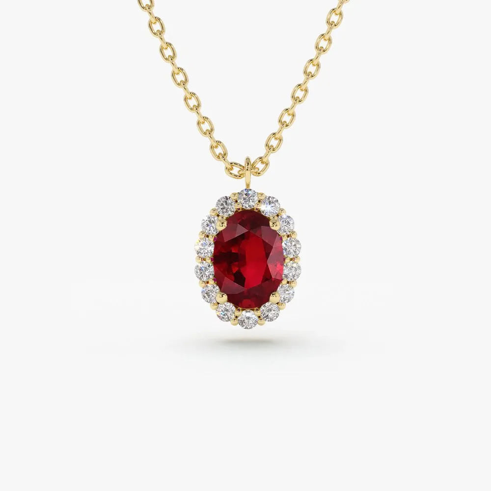 14k Solid Gold Ruby and Diamond Oval Halo Necklace 0.70 Carat Prong Setting