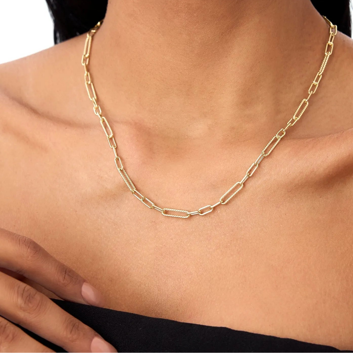 14k Solid Gold Twisted Rope and Plain Oval Paperclip Link Necklace
