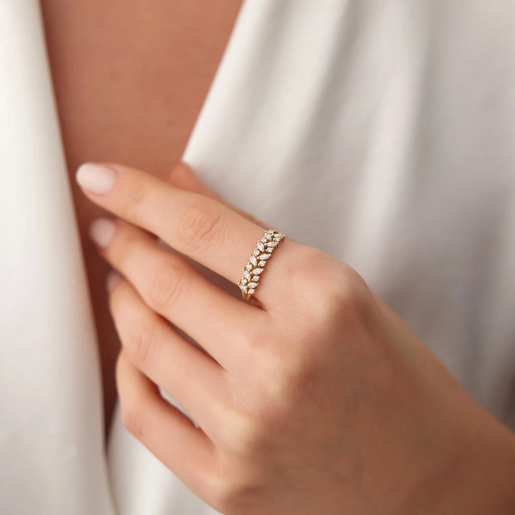 14K Gold Marquise and Round Diamond Two Row Ring