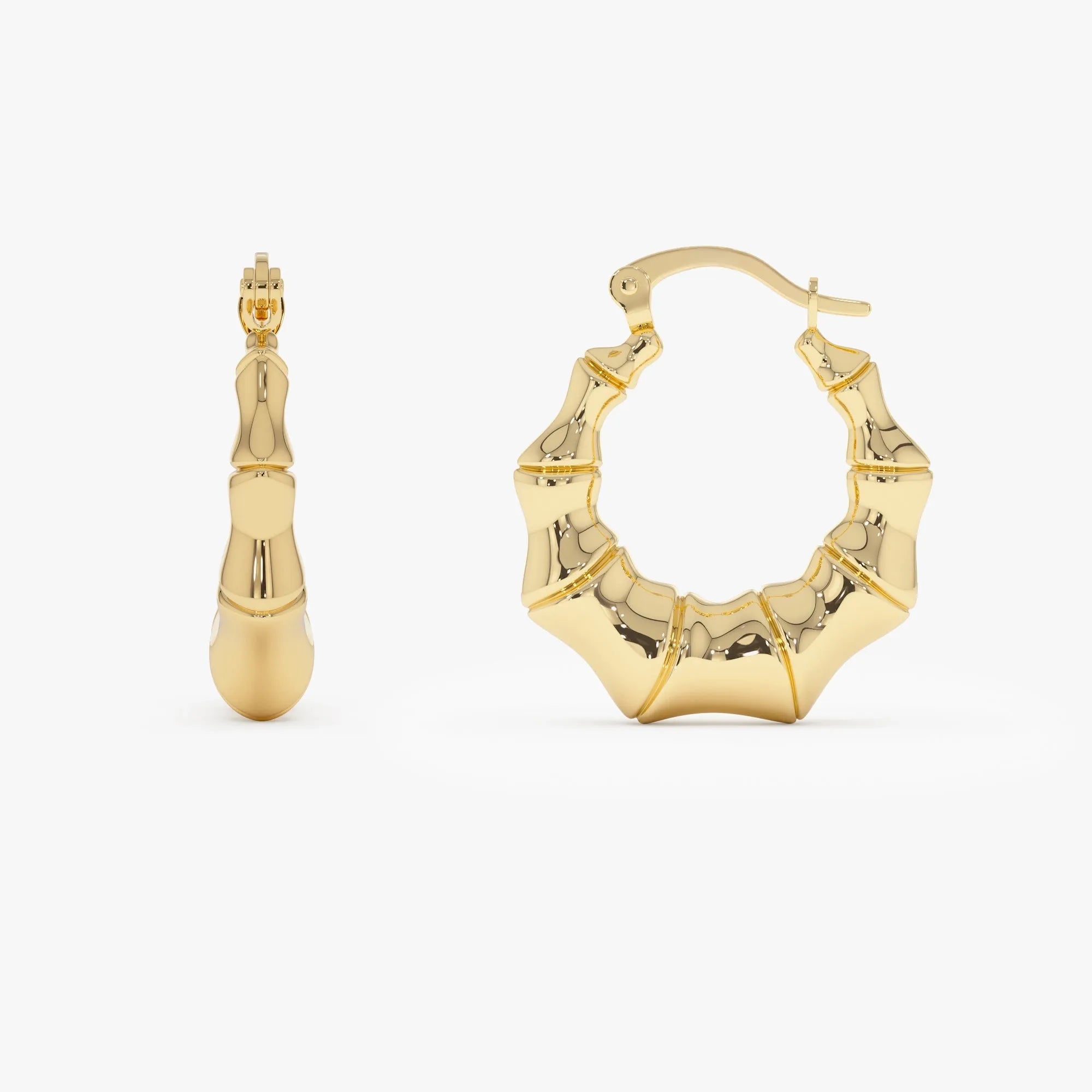 14k Yellow Gold Bamboo Style Hoop Earrings 20mm Outer Diameter