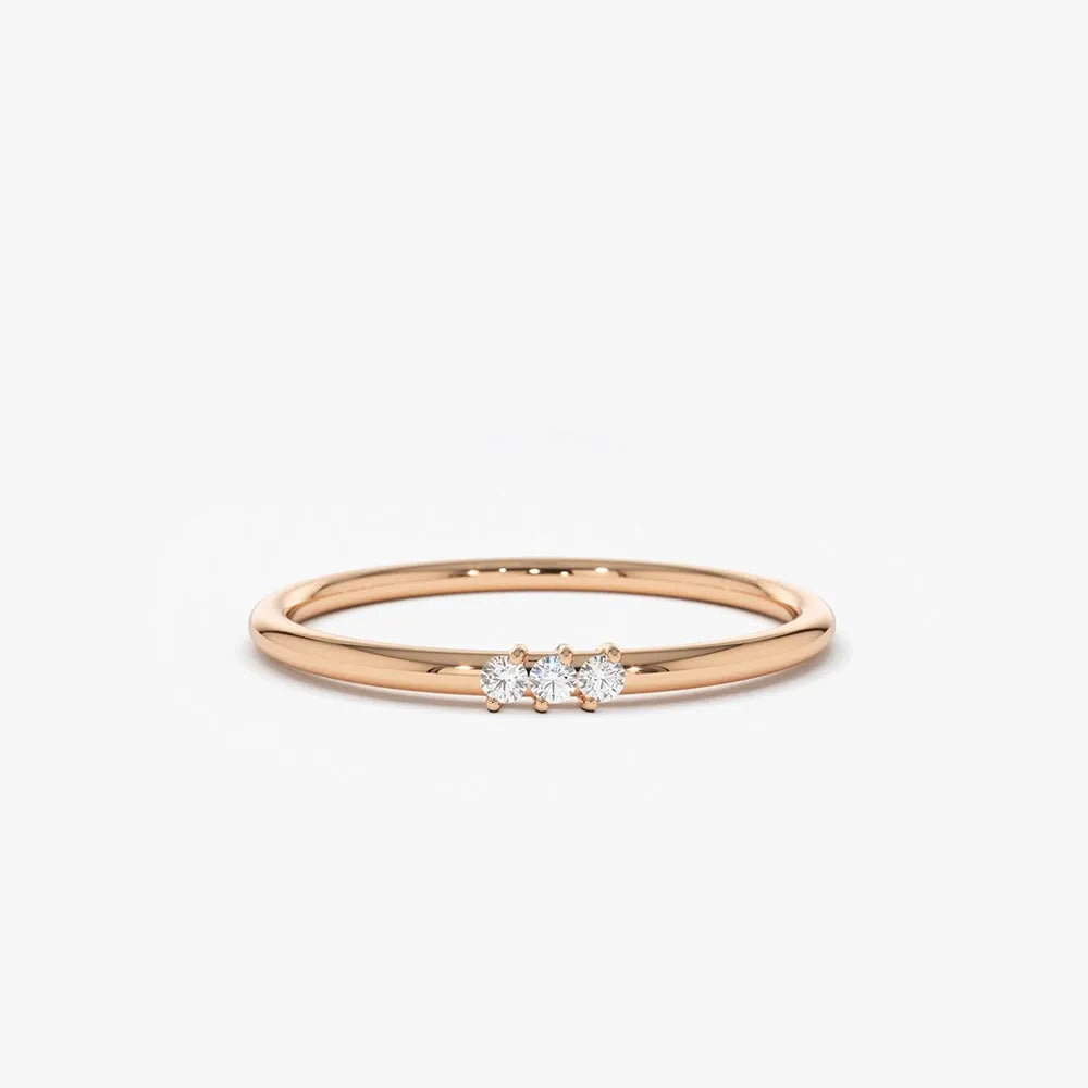 14K Gold Round Diamond 3 Stone Minimalist Ring 0.05 Ctw