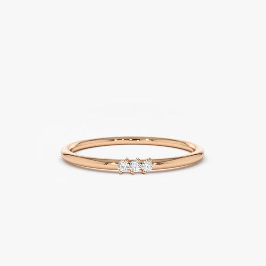 14K Gold Round Diamond 3 Stone Minimalist Ring 0.05 Ctw