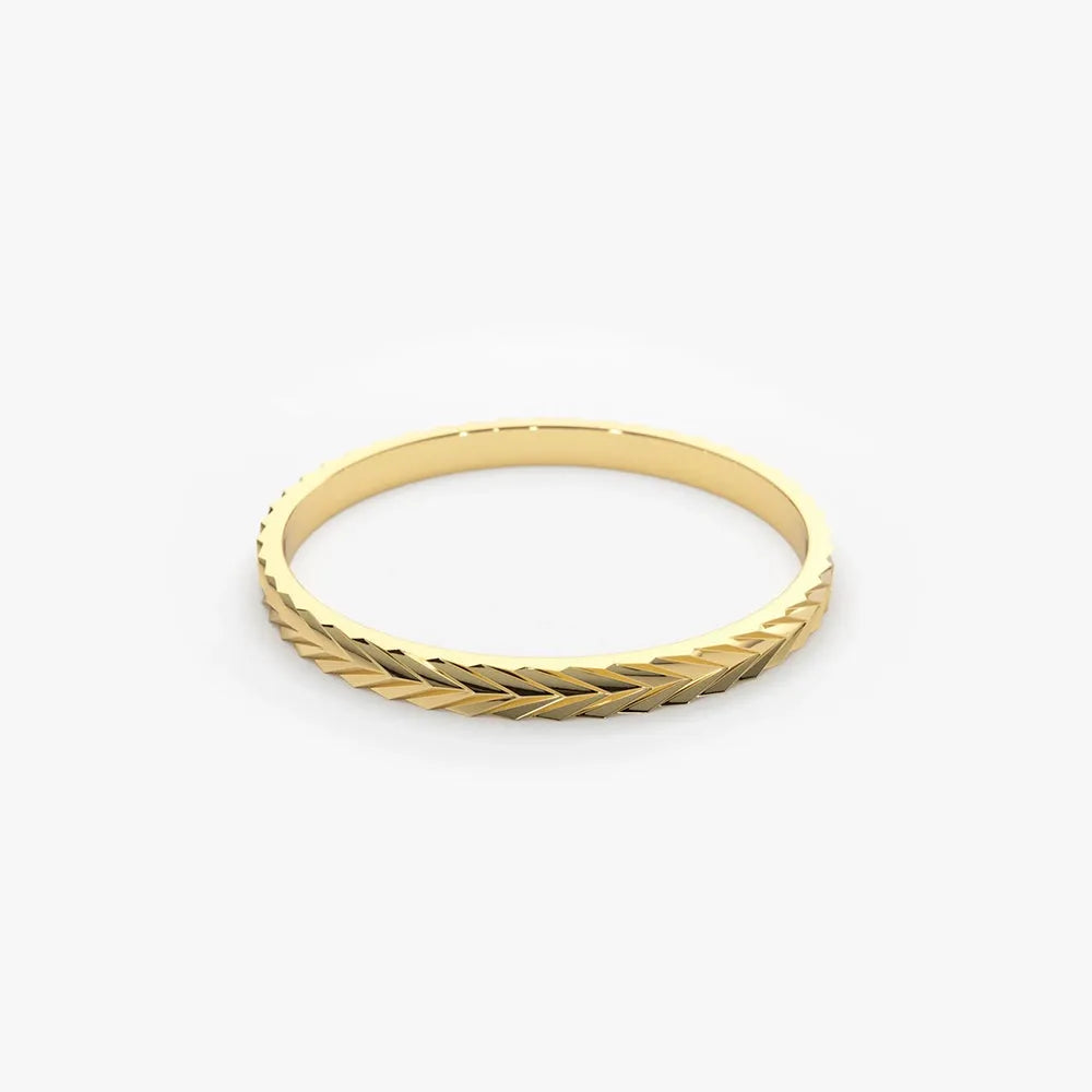 14K Solid Gold Chevron Herringbone Eternity Cut Minimalist Wedding Band Ring