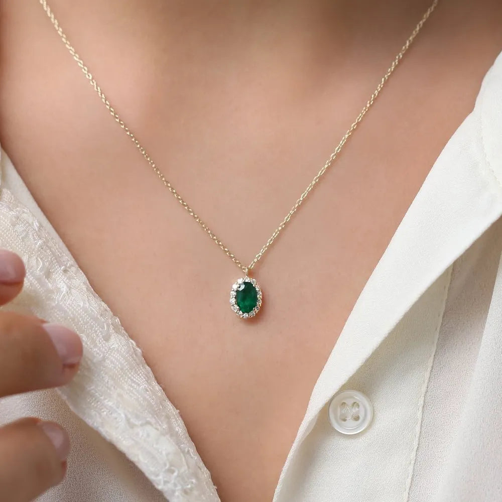 14k Solid Gold Oval Cut Emerald 0.48 CTW and Round Diamond 0.15 CTW Halo Pendant Necklace Prong Setting